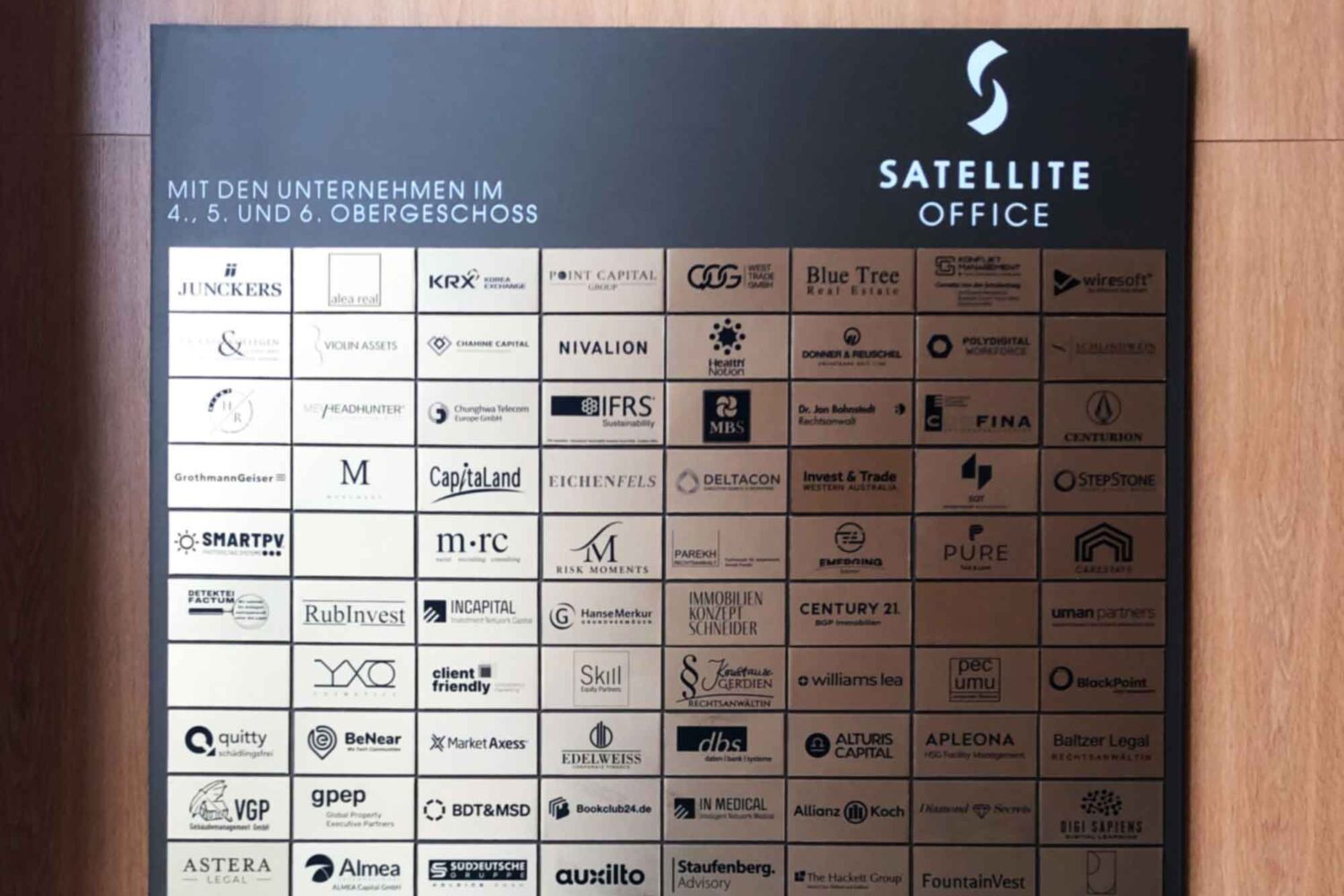Schilderanlage-mit-Messingschildern Schilderanlage am Opernplatz in Frankfurt Eingangsbereich mit Mieterübersicht